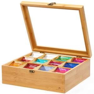 lot 7856 image: RoyalHouse Big Natural Bamboo Tea Storage Organizer with Clear Acrylic Top Window, 12 Compartments Eco-Friendly Tea Bag Holder, Multi-Functional Storage Box