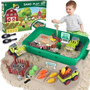 lot 7860 image: Farm Sensory Bin, Farm Toys & 2.2lbs Play Sand, Farm Animals, Farm Trucks, Sand Box with Lid, Christmas Birthday Gift for Kids Toddlers Ages 3 4 5 6 7 8