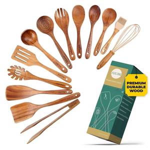 lot 7865 image: AIUHI Natural Wooden Utensils, Nonstick Teak Wood Kitchen Spoons for Cooking,Spatula Set with Spoon Rest,Tong, Fork, Whisk (13 Pcs)