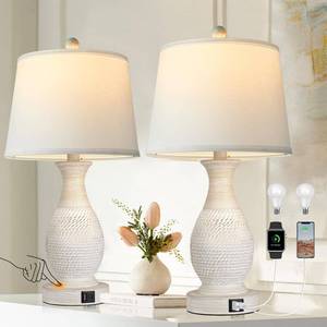 lot 7868 image: PARTPHONER Table Lamps Set of 2, Bedside Touch Lamp with USB CA Charging Ports, Side Table Lamp with White Fabric Shade (LED Bulbs Included)