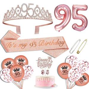 lot 8123 image: A 95th Birthday Party Decorations for Women Including 95th Birthday Sash for Women, 95th Birthday Crown, 95th Birthday Cake Topper, Balloons, Pin and Candle Set, Rose Gold