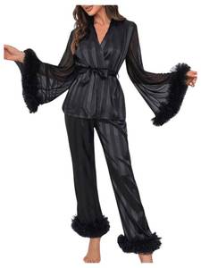 lot 8152 image: Verdusa Womens 2 Piece Tulle Trim Satin Pajama Set Ruffled Mesh Long Sleeve Belted Top and Pants Black X-Large