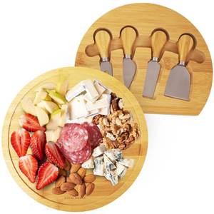 lot 8156 image: RoyalHouse Bamboo Round Cheese Board and 4 Knives Set with Slide-Out Cutlery Drawer - Charcuterie Boards Set - House Warming Gifts New Home, Wedding Gifts for Couple 2025, Bridal Shower Gifts