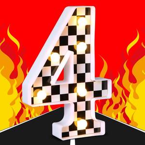 lot 8318 image: Maxcheck Racing Car Light up Numbers Black and White Checkerboard Print Decorative LED Light Number Sign Race Car Theme Birthday Party Decorations Checkered Flag Party Supplies(Number 4)