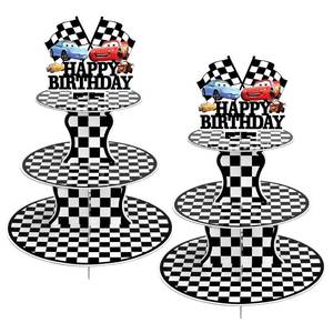lot 8322 image: BACUTHY 2 Pack Race Car Cupcake Stands Birthday Party Supplies, Two Fast Cars Decorations Truck Theme Favors - 3 Tier Cardboard Cup Cake Holder Tower