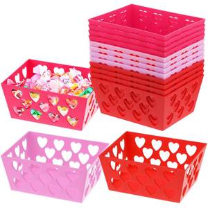 lot 8324 image: Menkxi 12 Pcs Pink and Red Valentines Day Baskets, 5.51 x 4.33 x 2.44 Small Heart Hollowed Plastic Baskets Bulk Empty Love Gift Container Storage Bins for Home Party Favor Wedding Valentines Day