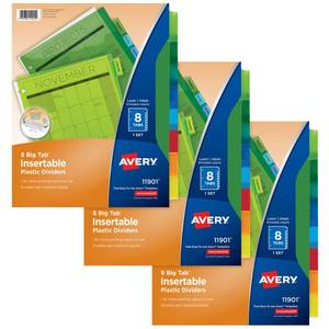 lot 8325 image: Avery Dividers for 3 Ring Binders, 8-Tab Binder Dividers, Plastic Binder Dividers, Insertable Big Tabs, Multicolor, 3 Sets (71901)
