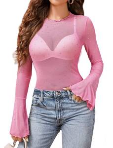 lot 8326 image: Avidlove Women Mesh Tops Rhinestone Tops Long Bell Sleeve Blouses Glitter Shirts Sexy Clubwear Outfits Pink M