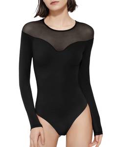 lot 8349 image: PUMIEY Long Sleeve Body Suits for Womens Crew Neck Mesh Bodysuit Sexy Tops, Jet Black Large