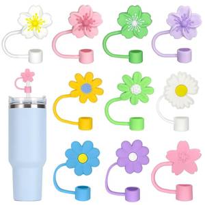 lot 8371 image: A 10Pcs 10mm Straw Covers Cap, Flower Straw Cover Toppers Compatible with Stanley 30&40 Oz Tumbler with Handle, Reusable Silicone Straw Tips Lids Protectors Cup Accessories