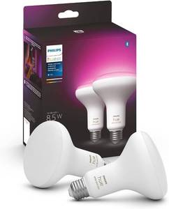 lot 8417 image: Philips Hue BR30 LED Smart Light Bulbs - Flicker-Free 85w Light Bulbs - Bluetooth Compatible, Compatible with Alexa, Google Assistant, and Apple HomeKit - E26 Base - 2 Pack - Retail $77.45