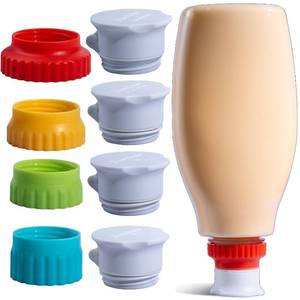 lot 8425 image: Yumcaps Kitchen Bottle Cap Adapter Set - 4 Reusable Adapters for Condiments, Dressings & Sauces - Customizable Flow, Flip to Prevent Waste