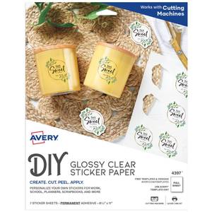 lot 8449 image: Avery Printable Sticker Paper, 8.5 x 11, Laser & Inkjet Printers, Glossy Clear, 7 Sticker Sheets (4397)