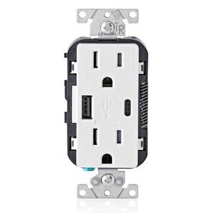 lot 8451 image: Leviton T5633-W Type A & Type-C USB In-Wall Charger with 15A Tamper-Resistant Outlet, USB Charger for Smartphones and Tablets, Not for Laptops, White