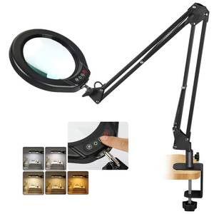 lot 8458 image: VEEMAGNI 5 Inch Large Magnifying Glass with Light and Stand, 5 Color Modes Stepless Dimmable, Long Swivel Arm LED Clamp Desk Lamp, Hands Free 8X Lighted Magnifier for Close Work Craft Hobby Soldering
