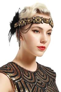 lot 8476 image: BABEYOND 1920s Flapper Headband Roaring 20s Gatsby Headpiece Black Feather Headband 1920s Flapper Hair Accessories (Gold)