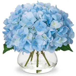 lot 9874 image: Hollyone Hydrangea Artificial Flowers with Vase Blue Silk Fake Flowers Arrangements in Glass Vase with Faux Water Faux Floral Bulk Bouquet for Home Decor Bathroom Table Centerpiece Shelf Decorations