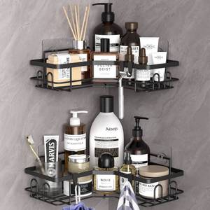 lot 9879 image: HuggieGems 2 Pack Corner Shower Caddy Organizer Shelf with Hooks, Black Bathroom Shelves Storage Organization