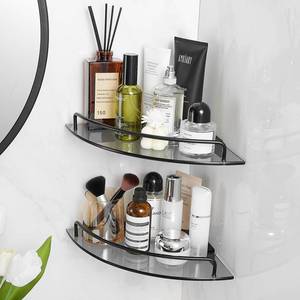 lot 9910 image: Voldra 2 Pack Glass Corner Shower Shelf for Bathroom Black Tempered Glass Shelf with Rail Bathroom Corner Organizer Shelves Wall Mounted