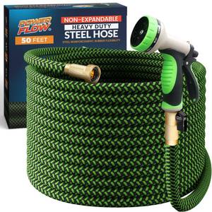 lot 9916 image: PowerFlow Garden Hose, NON-EXPANDABLE 50 Feet Premium Quality Stainless Steel Metal Water Hose with Durable Fabric Skin, Hose For Commercial, Residential Use, Bonus 10-way Spray Nozzle (50 Ft, Green)