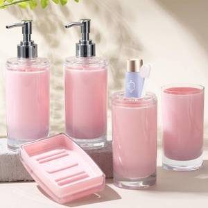 lot 10261 image: Pink Bathroom Accessories Set 6Pcs, Acrylic Soap Dispensers 2Pcs, Soap Dish, Toothbrush Holder, Tumbler, Waterproof Labels, Sink Countertop Set, Cute Bathroom Decor, Housewarming Gift