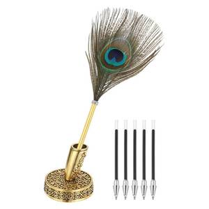 lot 10267 image: PATIKIL Peacock Feather Ballpoint Pens Bulk, Metal Holder Black Ink Vintage Quill Writing Pens with 5 Pieces Refill for Office, Wedding Signature, Gold