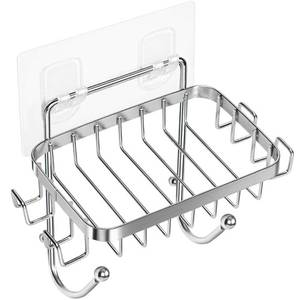 lot 10294 image: ODesign Soap Dish Holder with 6 Hooks Loofah Bath Sponge Towel Razor Holder for Bathroom Shower Kitchen Adhesive Wall Mounted No Drilling-Silver-1 Pack