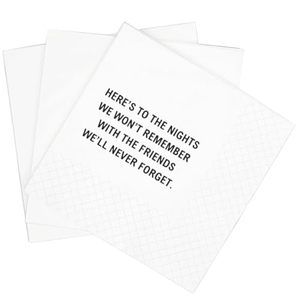 lot 10297 image: SharkBliss Funny Quotes Cocktail Napkins, 100 Pack Heres To The Nights We Wont Remember With The Friends Well Never Forget Birthday Bachelor Retirement Cocktail Napkins 2-Ply, 5x5 (To The Nights)