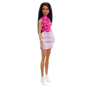 lot 10302 image: Barbie Fashionistas Doll #215 with Black Straight Hair, Pink Star-Print Top & Iridescent Skirt, 65th Anniversary Collectible Toy