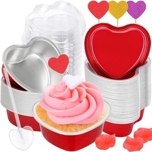 lot 10318 image: Colovis Heart Shaped Cake Pans, 60 Pack 3.4oz Red Mini Aluminum Foil Baking Cups with Lids Spoons Disposable Ramekins Cupcake Liners Kit for Valentines Day Wedding Party (60 Pack)