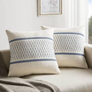 lot 10323 image: ZeeMart 2 Packs Cotton Boho Throw Pillow Covers 18x18 Inch Grid Blue, Soft Farmhouse Decorative Couch Pillow Cases Blue Cushion Covers for Sofa Bed Living Room Home Decor