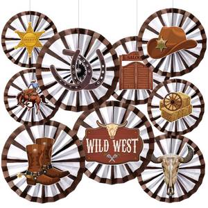 lot 10331 image: Affrolling 18 Pack Western Party Decorations Including 9 Pcs West Wooden Hanging Paper Fans and 9 Pcs Wagon Wheels Saddle Shorse Horseshoe Cowboy Hat Sticker for Wild Party Classroom Decorations