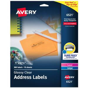 lot 10332 image: Avery Printable Address Labels with Sure Feed, 1 x 2-58, Glossy Clear, 300 Blank Mailing Labels for Laser and Inkjet Printers (6521)