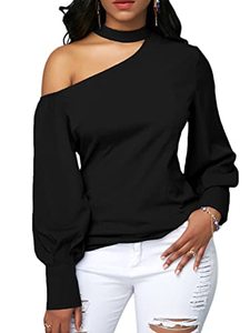 lot 10333 image: LYANER Womens Sexy One Shoulder Lantern Long Sleeve Blouse Shirt Top Solid Black Large