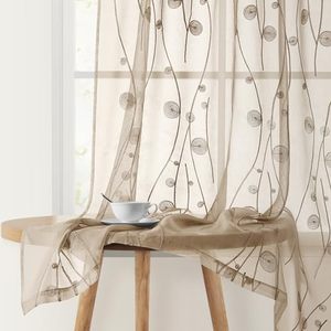 lot 10344 image: HOMEIDEAS Taupe Sheer Curtains 52 X 96 Inches Length 2 Panels Beige Embroidered Wave Line with Spiral Pattern Pocket Faux Linen Semi Sheer Voile Window CurtainsDrapes for Bedroom Living Room