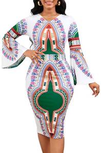 lot 10347 image: Womens Elegant V Neck Dress Sexy Bohemian African Dashiki Traditional Tribal Festival Long Bell Sleeves Midi Dresses Whitegreen