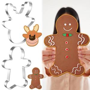 lot 10350 image: Teenyyou 2 Pcs Large Christmas Cookie Cutters 8 Extra Large Gingerbread Man and Reindeer Face Stainless Steel Giant Cookie Cutter for Christmas Xmas Holiday Baking