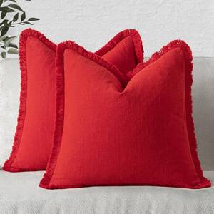 lot 10363 image: MIULEE Decorative Throw Pillow Covers Neutral Linen Fringe Throw Pillows Euro Shams Set of 2 Red Boho Farmhouse Cushion Covers with Tassels for Couch Sofa Bed Living Room Spring Home Decor 24x24 Inch