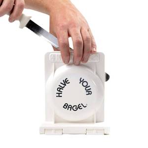 lot 10364 image: Halve Your Bagel - Bagel Slicer, Durable Kitchen Gadgets. Bagel Cutter with Knife for All Bagel Sizes, Dishwasher-Safe Bagel Cutter Slicer for Home, Bakeries, Coffee Shops, & more. (White)