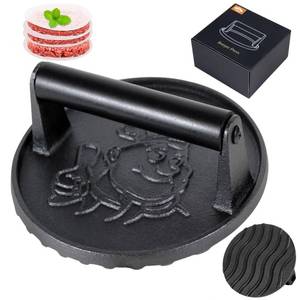 lot 10395 image: Smash Burger Press-Heavy Duty Hamburger Press with Heat Insulation Handle-6 Inch Cast Iron Burger Smasher,Bacon Press,Sandwich Press-Round Grill Press for Griddle-50 PC Burger Press Patty Paper