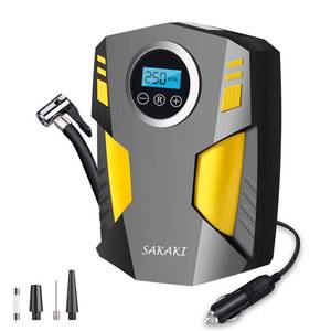 lot 10432 image: Tire Inflator Portable Air Compressor Car Tire Pump with 3 Nozzle Adaptors and Digital LED Light DC 12V Electric Car Air Pump for Car Tires and Other Inflatables Yellow