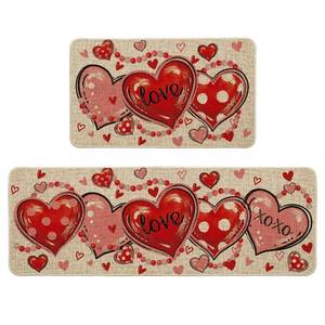 lot 10452 image: Artoid Mode Beads Love Heart Valentines Kitchen Mats Set of 2, Home Decor Low-Profile Kitchen Rugs for Floor - 17x29 and 17x47 Inch