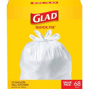 lot 10484 image: Glad Tall Kitchen Quick-Tie Trash Bags, 13 Gallon, White, 68 Count, (Package May Vary)