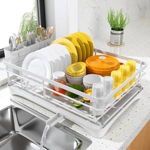 lot 11815 image: Dish Drying Rack for Kitchen Counter - Large Dish Rack with Drainboard, Rustproof Dish Drainer with Utensil Holder for Sink, White