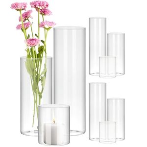 lot 11817 image: BIGIVACA 9 Pack 4, 8,12 Inch Tall Glass Cylinder Vase Bulk, Hurricane Candle Holder Clear Flower Vases for Wedding Centerpieces and Home Decor