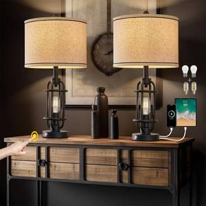 lot 11818 image: G-SAFAVA 23.75 Industrial Black Metal Table Lamps Living Room Lamp for Nightstand Set of 2 Bedside End Lamp Home Decor Touch Lamp Modern Lamps with USB Ports - Retail $89.15