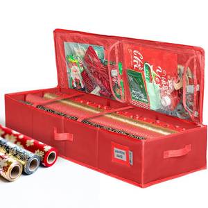 lot 11824 image: Premium Wrapping Paper Storage Container -Durable Material 600D tear-proof - Fits up to 27 Paper Rolls -Extra Pockets for Ribbons & Bows. Underbed Gift Wrap Organizer, Ideal for Holiday Christmas, etc