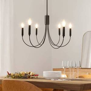 lot 11828 image: KMaiPem Black Farmhouse Chandelier, 6 Lights Modern Dining Room Light Fixture, 24 Small Industrial Metal Kitchen Island Lighting, Rustic Pendant Light Fixtures for Bedroom Entryway Living Room - Retail $78.59