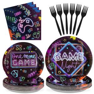 lot 11848 image: 96Pcs Video Game Night Party Decorations Tableware 350GSM Glow Neon Plates and Napkins Set Game Night Decorations for Kids Game On Gamer Birthday Sleepover Slumber Prom Gaming Party Supplies Serves24