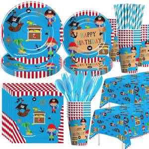 lot 11855 image: APOWBLS Pirate Party Decorations - Kids Pirate Birthday Party Supplies, Plates, Cups, Napkins, Tablecloth, Cutlery, Straws, Dinnerware for 24